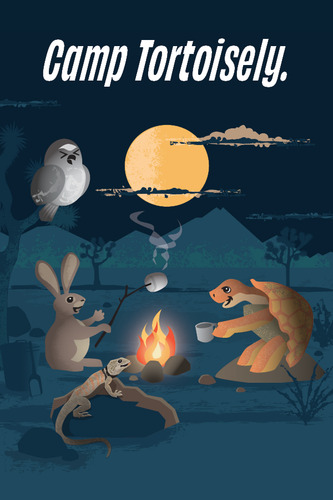 Graphic of a tortoise, jackrabbit, lizard, and owl sitting around a campfire in a desert setting. Text reads, "Camp Tortoisely."