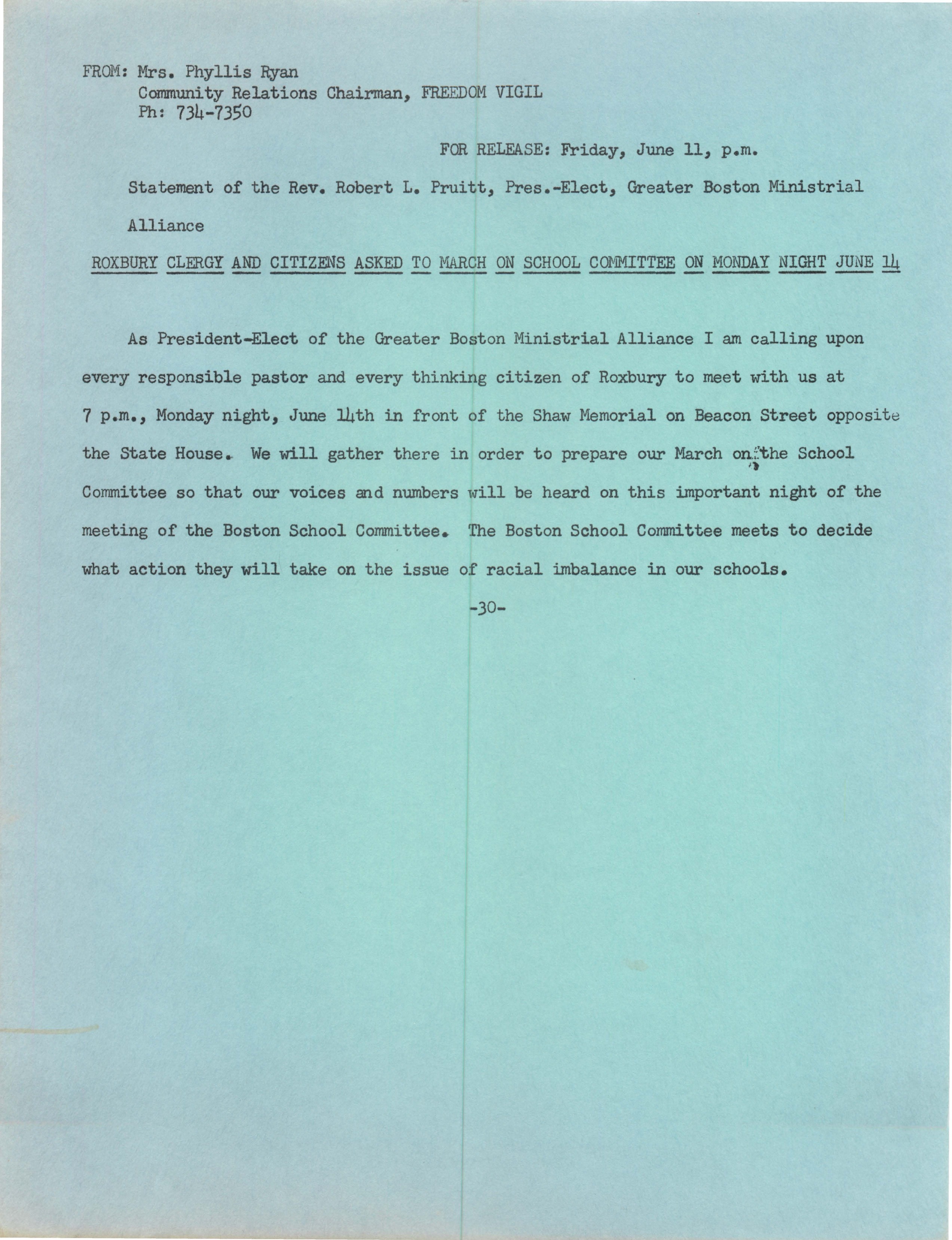 Typed document of a statement calling for people to march. 
