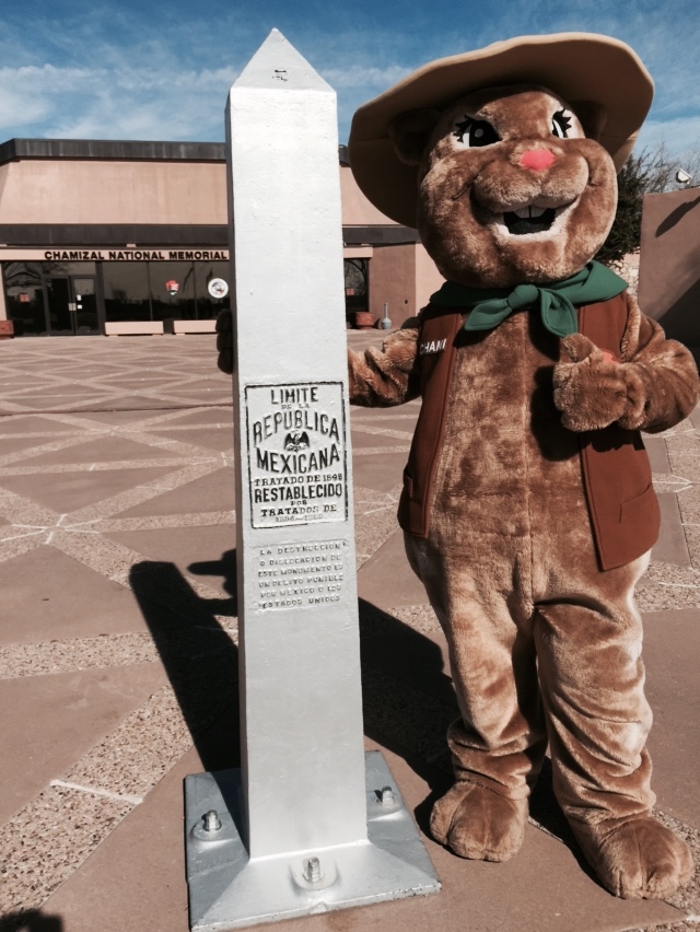 mascot costume in the form of a ground squirrel wearing a ranger hat