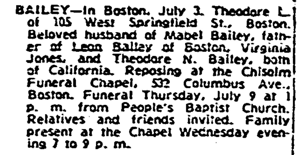 Death notice for Theodore Bailey, 1959.