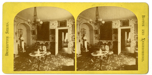 Stereoview of 19th century parlor featuring floral printed carpet and walls as well as Rococo revival furniture.