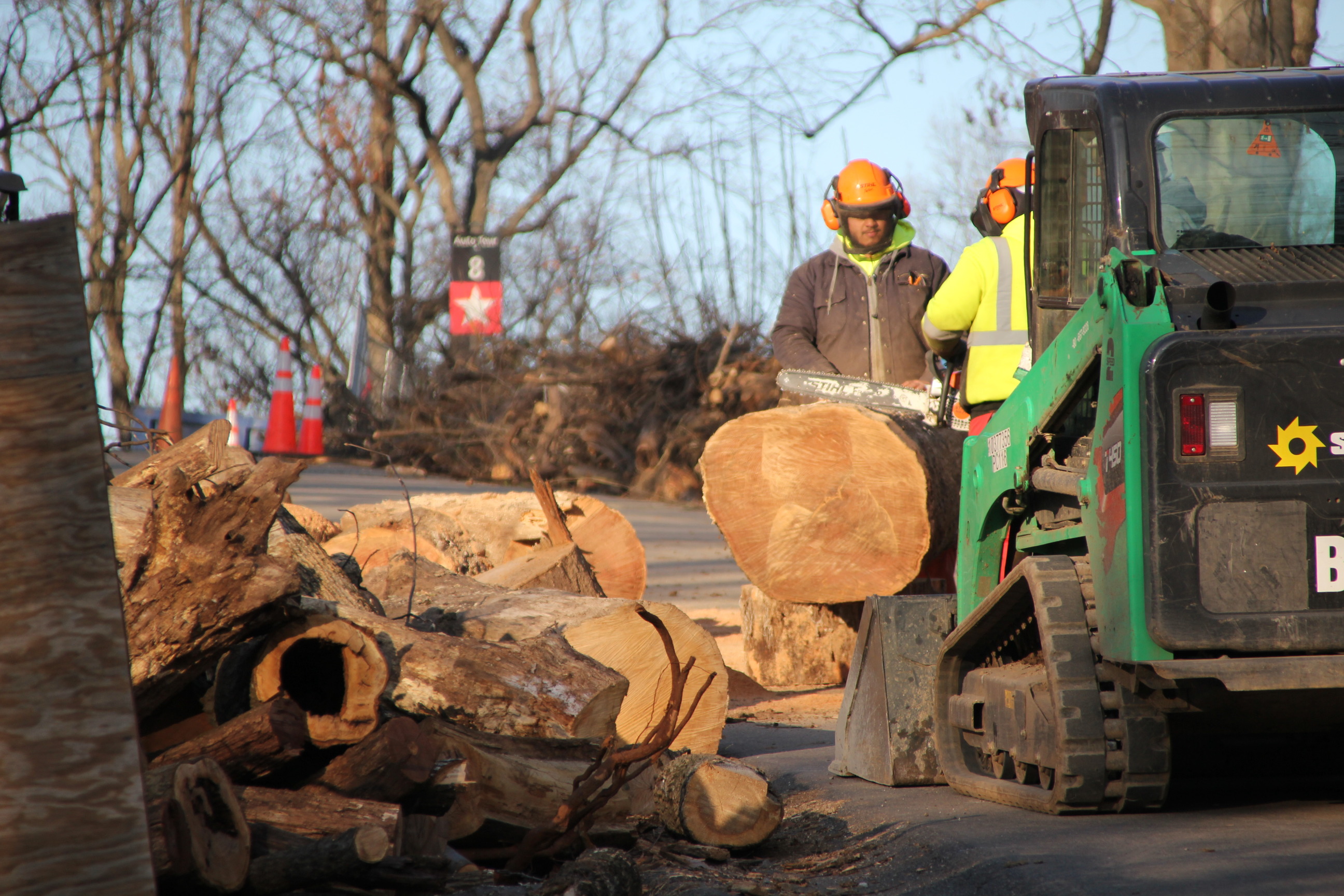 Two construction workers working to cut logs with a chainsaw.