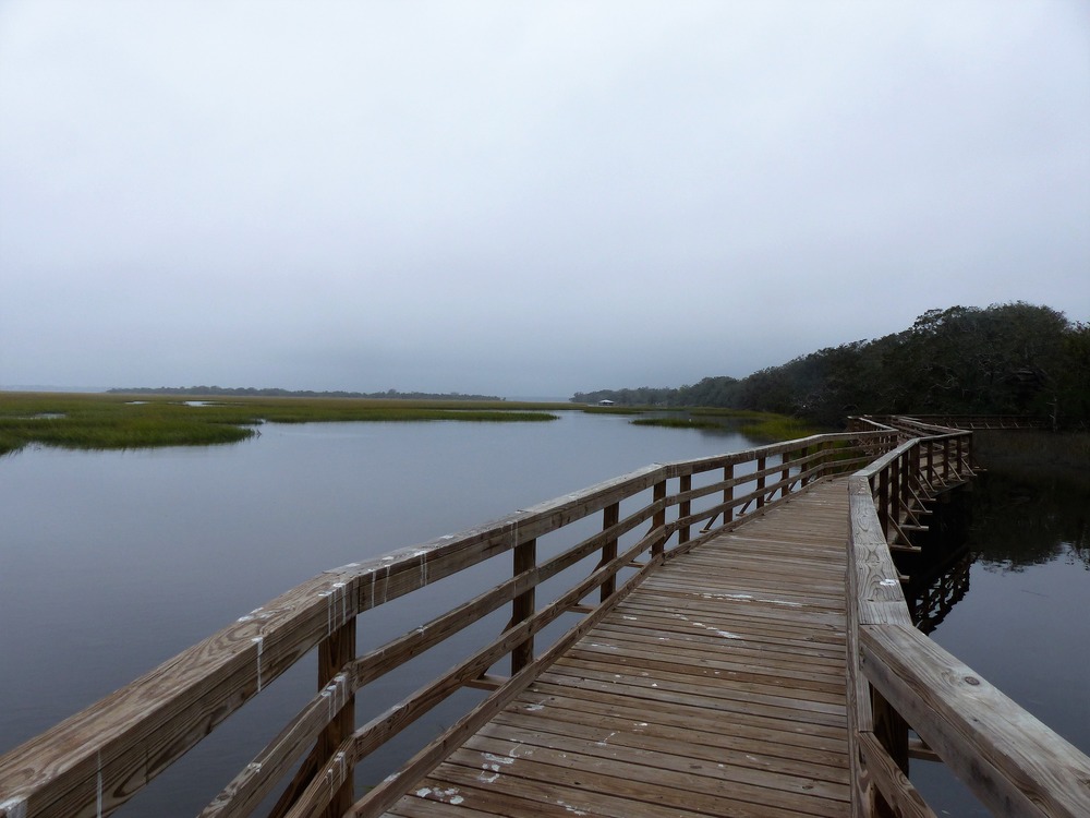 Boardwalk winds its way above a tidal marsh waterway on a cloudy day.