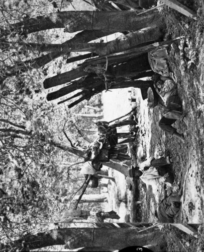 3 Native Americans on ground; 2 napping. Saddles on tree in Background. Detail from stereograph loaned by Lou Smaus, RL-16,631. Caption on card: "1578. A Summer Day's Work in the Yosemite". Note early date - Muybridge and Albert Bierstadt were traveling together when this was taken.