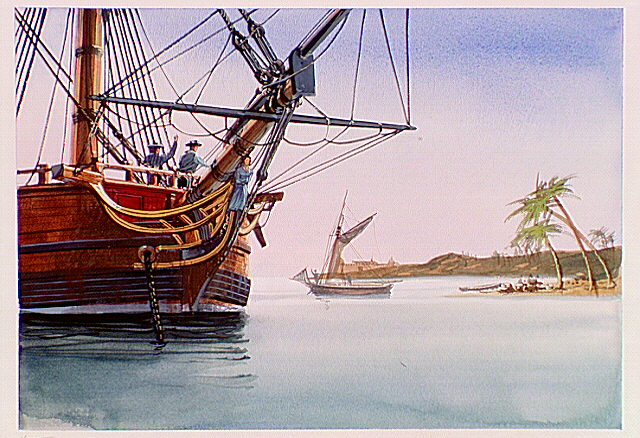 Bow of typical Salem sailing ship with a smaller vessel in background as seen from foreign port.