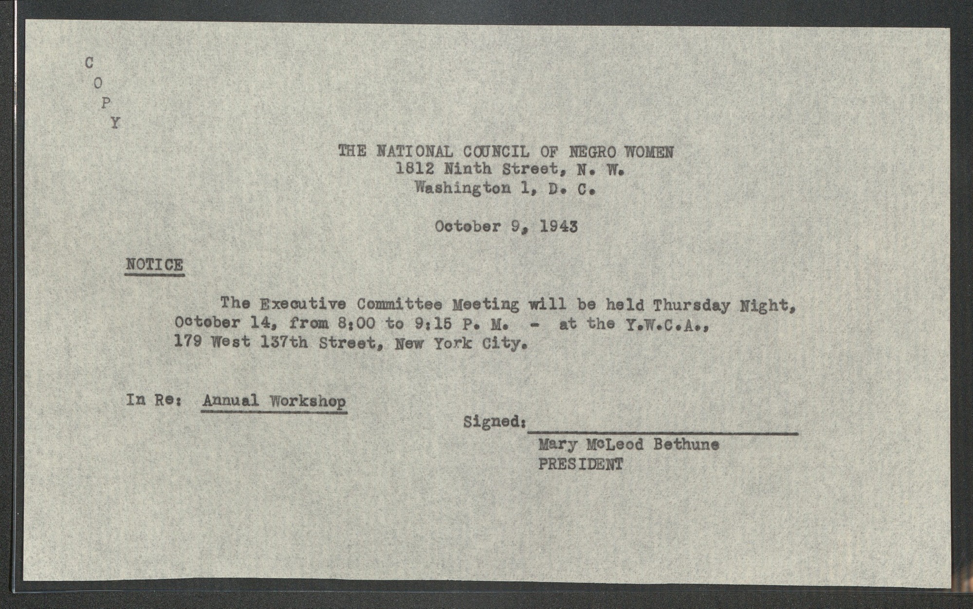 NCNW Meeting Notice, 1943