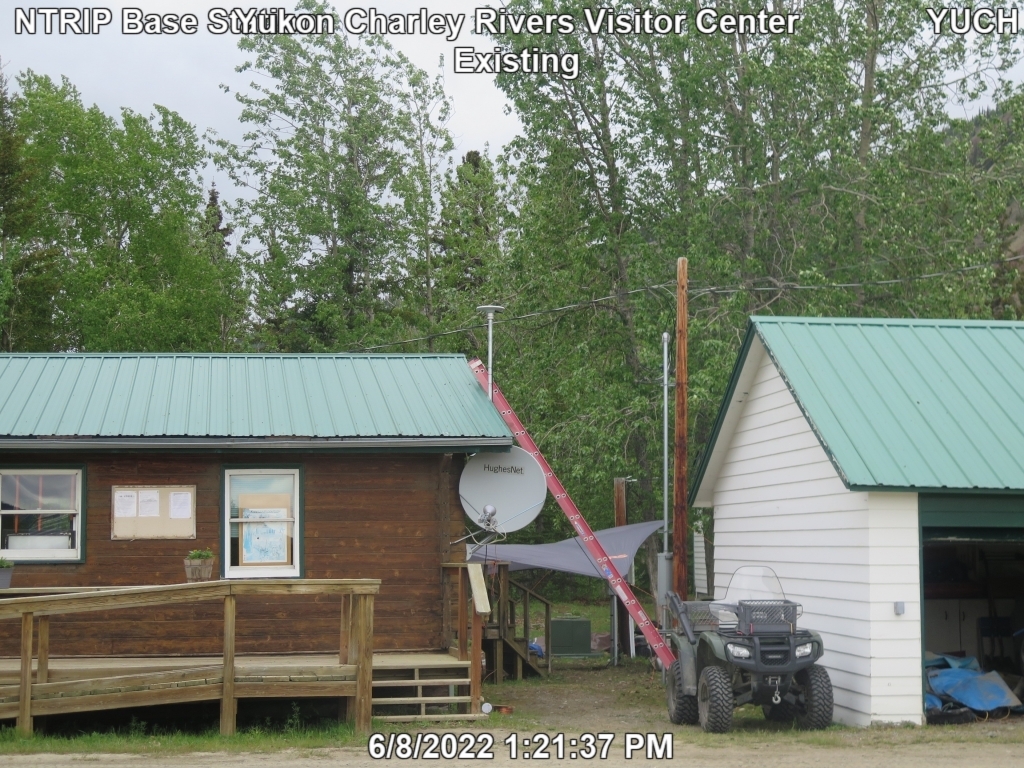 Existing NTRIP base station antenna mount at YUCH Yukon Charley Rivers Visitor Center.