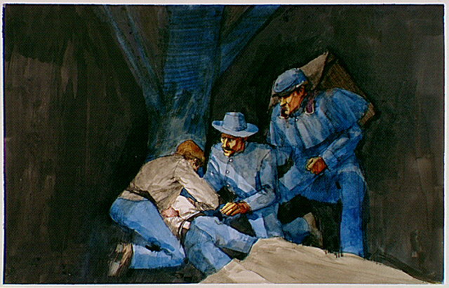 Union soldiers helping a wounded man on the ground.