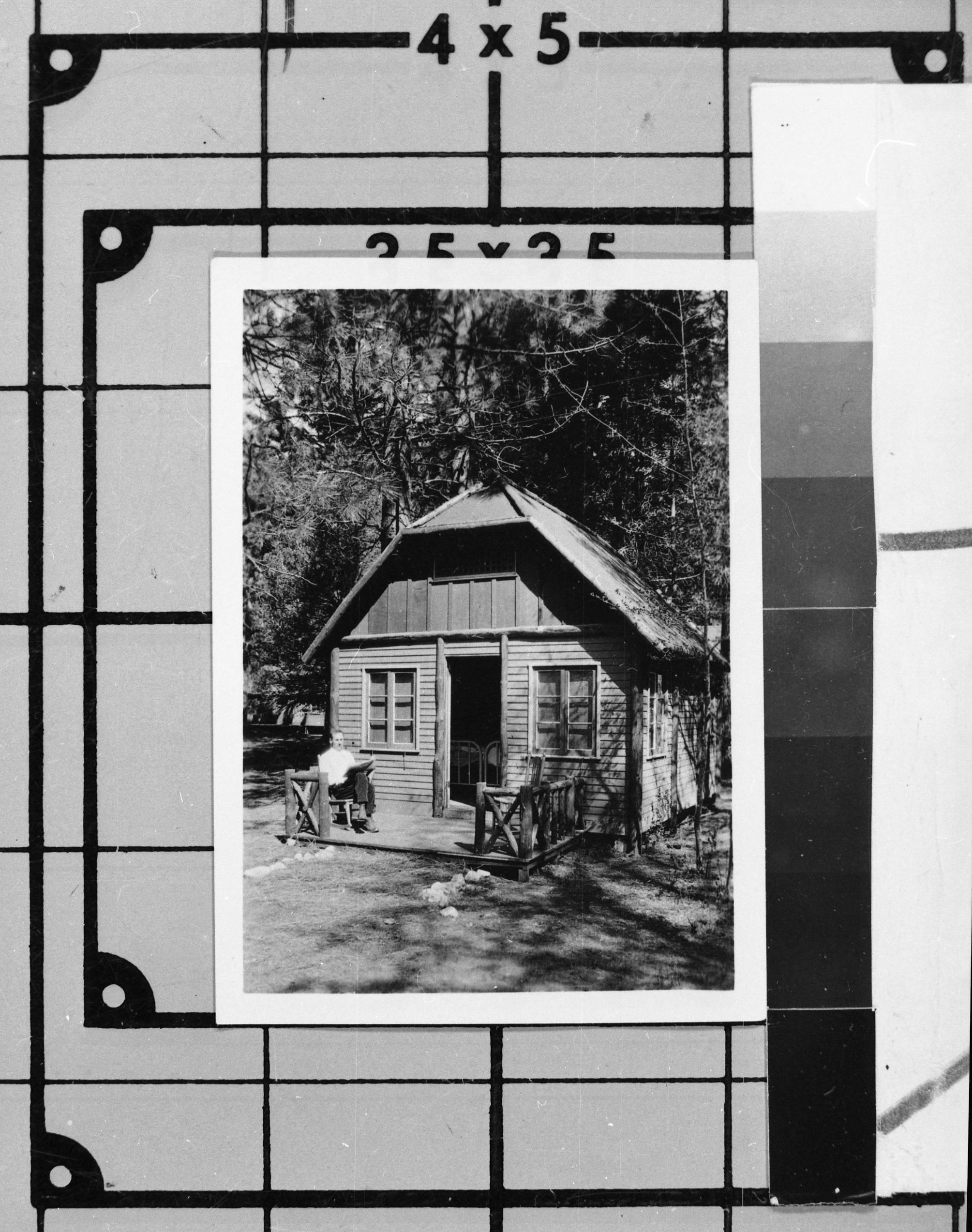 Cabin at Yosemite Lodge, single wood cabin with bath and sleeping porch. Photo donated by Audrey Harris. See also Y.N.P. Co. binders - 1923.