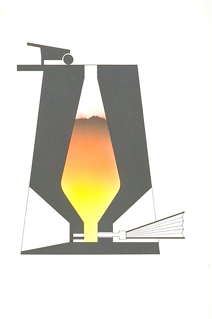 Cross-section of a blast furnace loaded charcoal iron ore and gabbro.