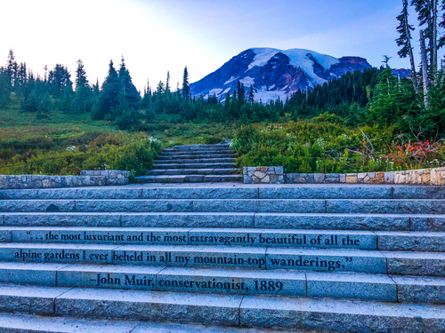 Stone steps leading to a flowery meadow and a glaciated peak with the writing, "...the most luxuriant and the most extravagantly beautiful of all the alpine gardens I ever beheld in all my mountain-top wanderings." - John Muir, conservationist, 1889"