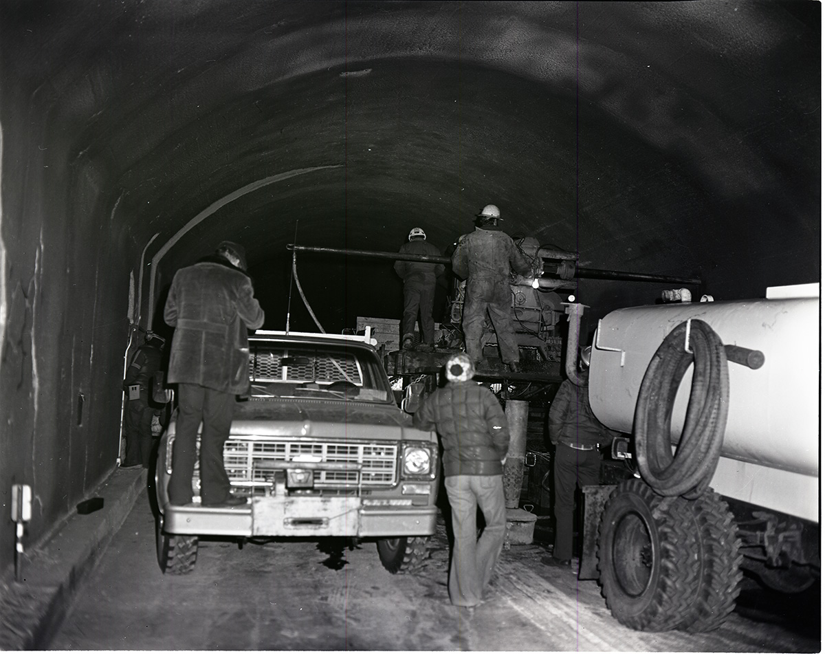 Machinery and crew drilling test cores in Zion-Mt. Carmel tunnel.