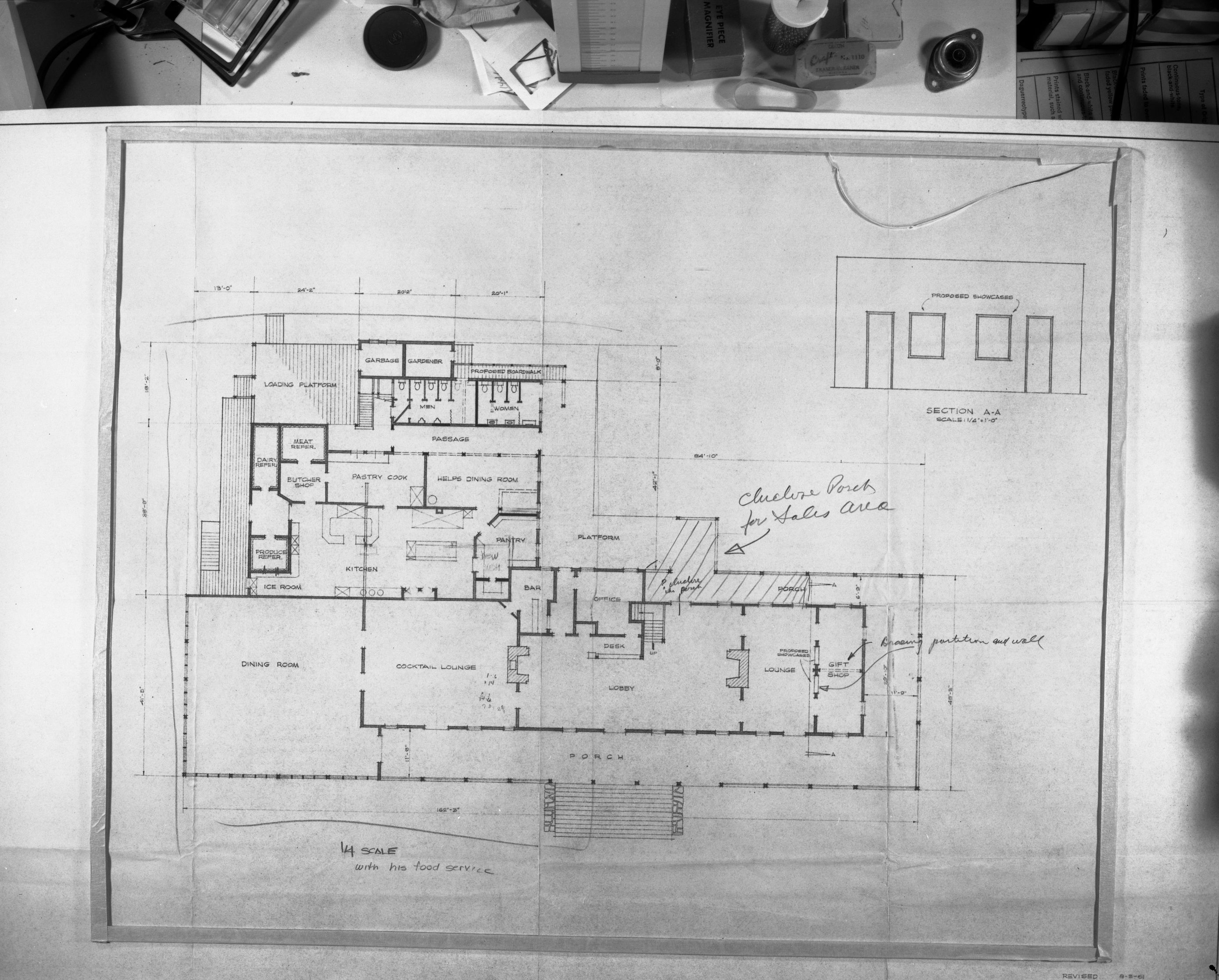 Drawing of Wawona Hotel floorplan. In the lower right corner - revised 1961.