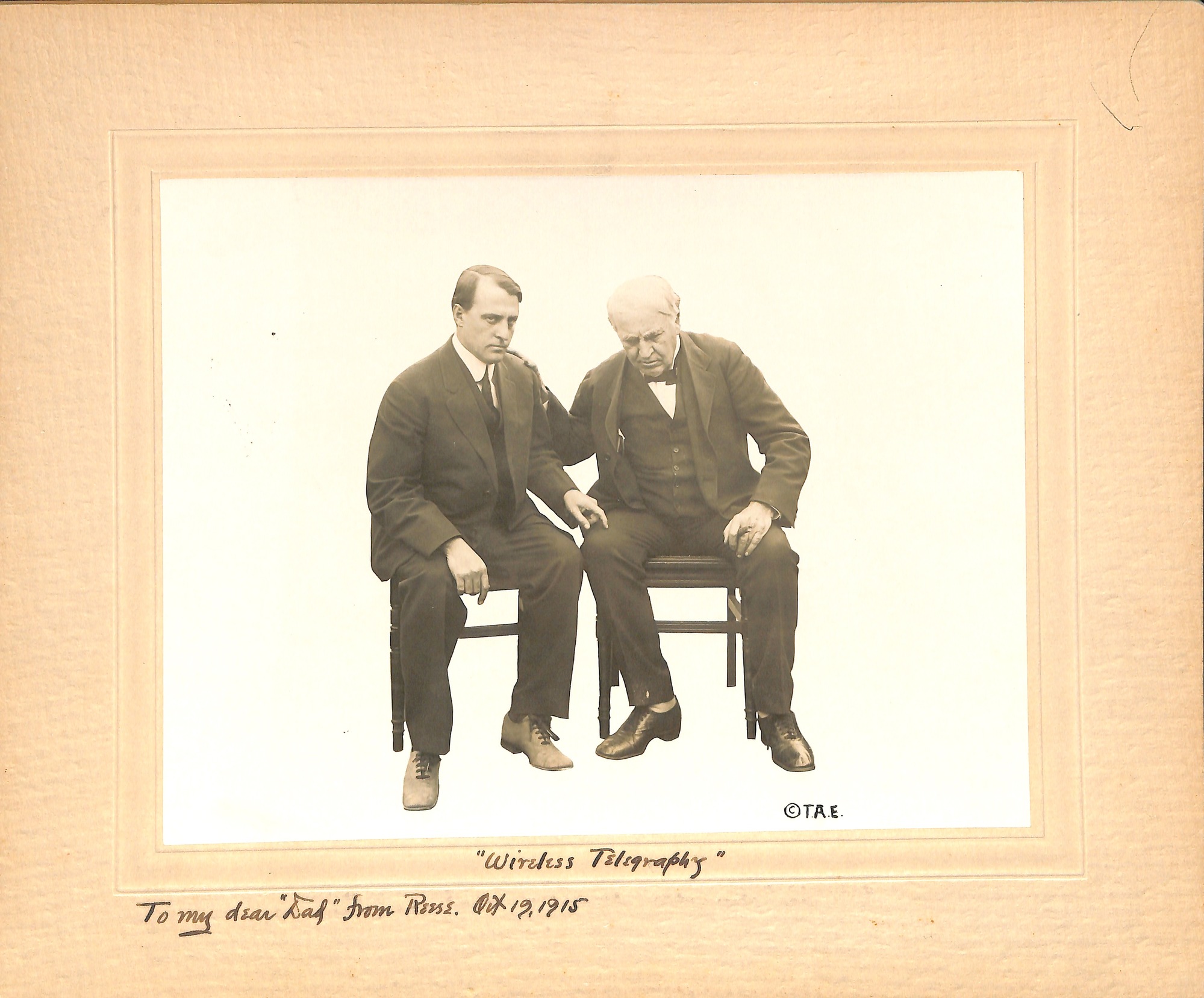 Thomas Edison with Miller Reese Hutchison. Inscribed "Wireless Telegraphy, To my dear `Dad' from Reese".
