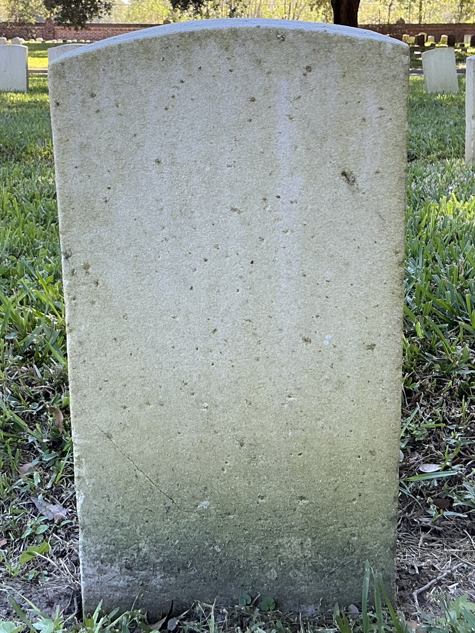 Back of historic upright marble headstone with recessed shield face.