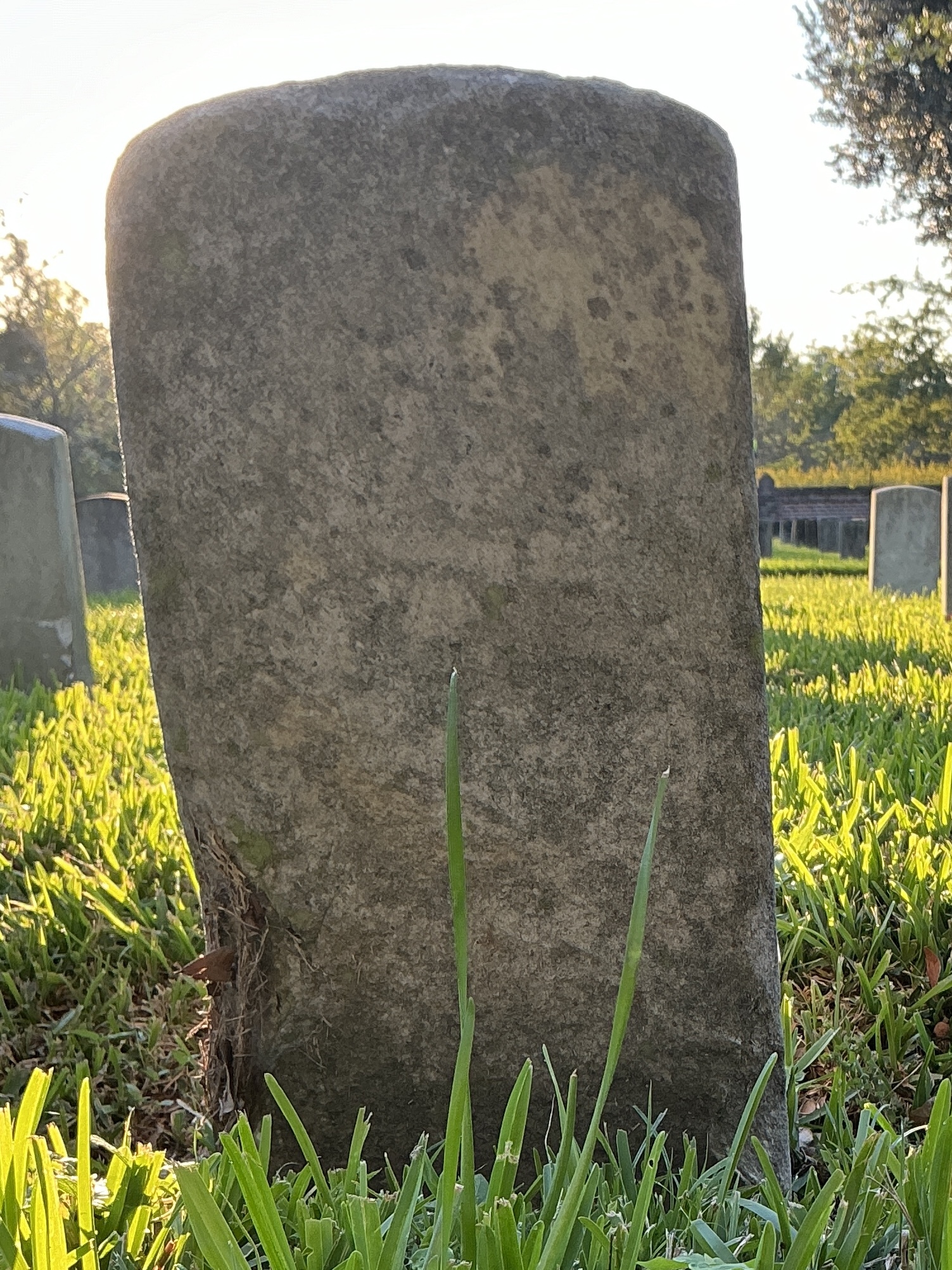 Back of historic upright marble headstone with recessed shield face.