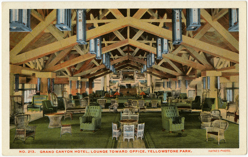 No. 213. Grand Canyon Hotel, Lounge Toward Office, Yellowstone Park (Postcard)