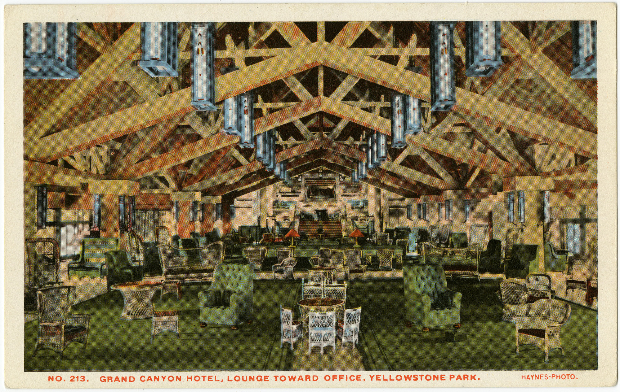 No. 213. Grand Canyon Hotel, Lounge Toward Office, Yellowstone Park (Postcard)