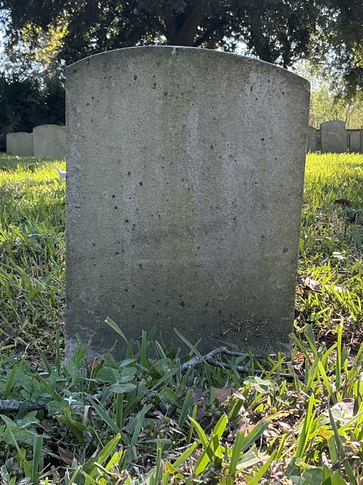 Back of historic upright marble headstone with recessed shield face.