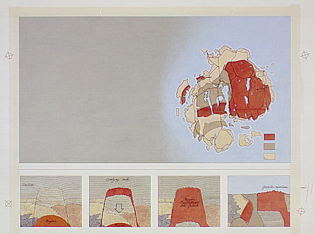 Split panel with a geologic map (top) showing distribution of granites on Mount Desert Island.