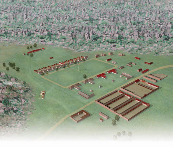 Image recreates Fort Davis, c1880s depicts the full extent of the buildings, parade ground, and support buildings associated the fort
