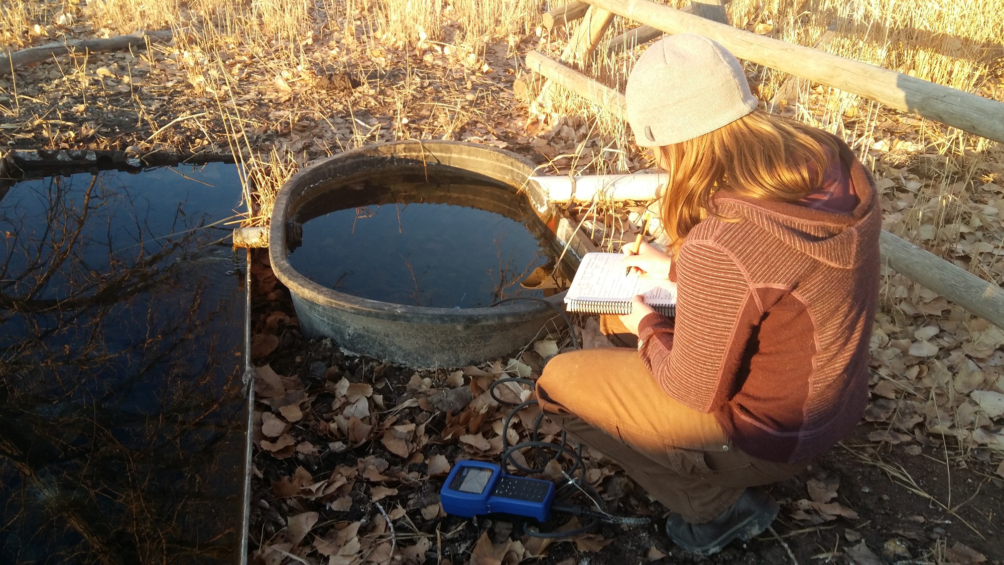 Person writing down water quality information from a sampling device at Mason Lovell Spring in November 2018.