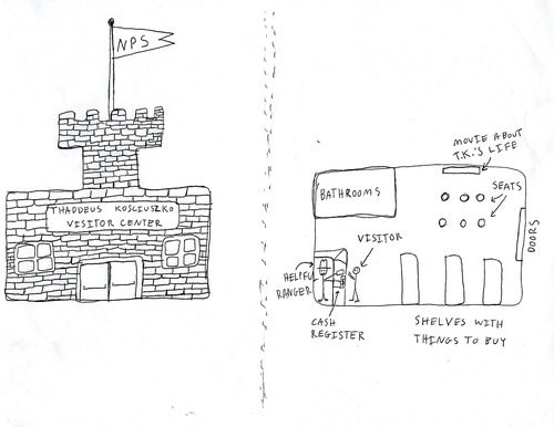 Black and white drawing of an exterior of a visitor center designed to look like a fort, and an interior floor plan showing a ranger's desk, bathrooms, and a store.