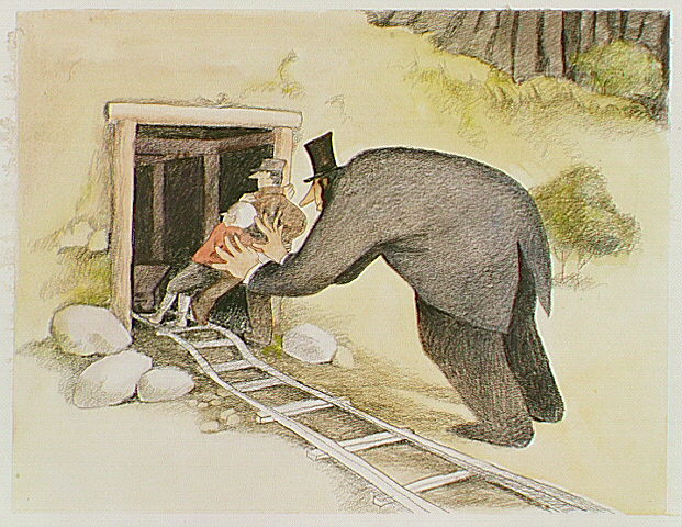 Mine owner pushing miner into mine.