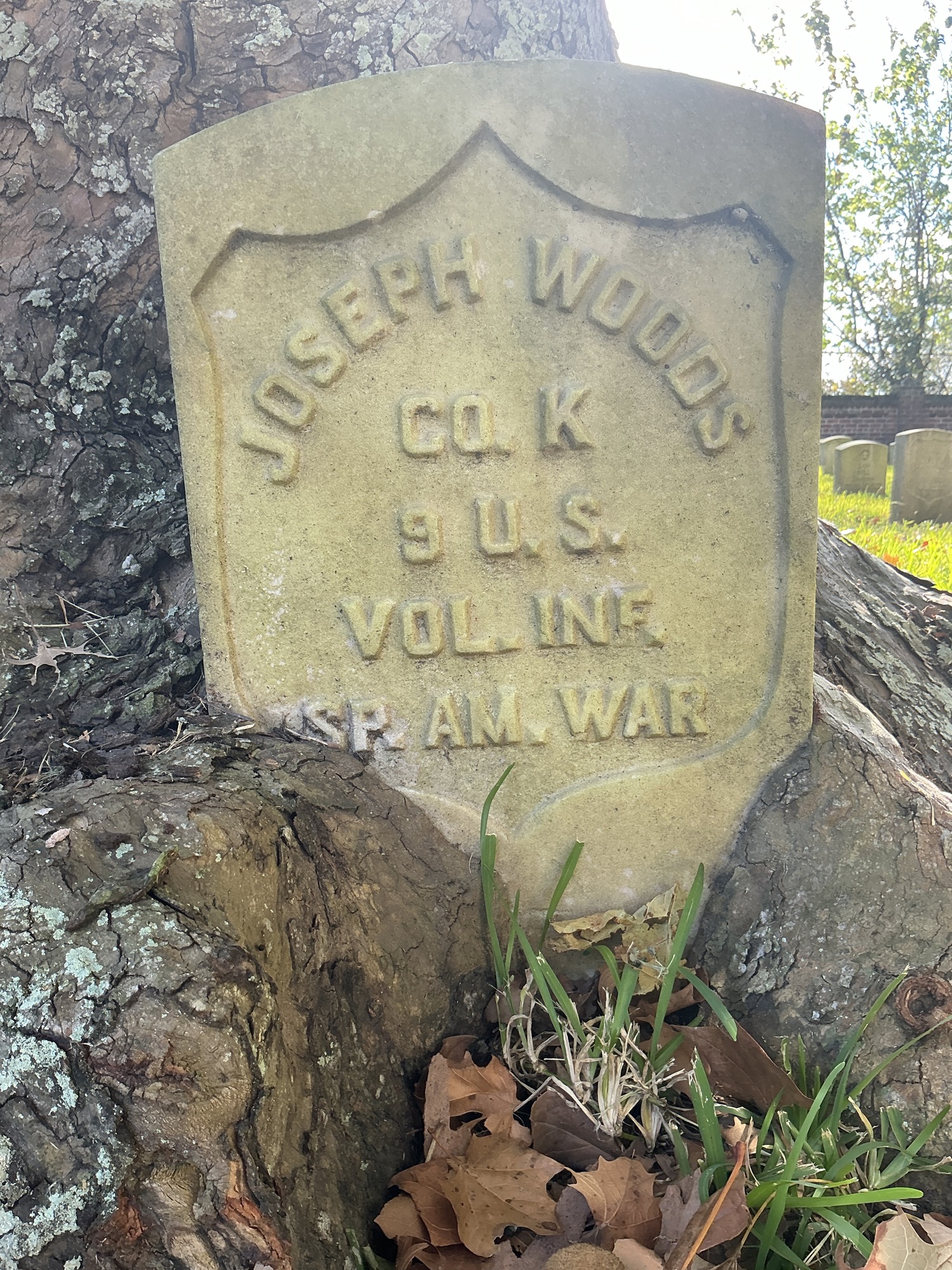 Front of historic upright marble headstone with recessed shield face.