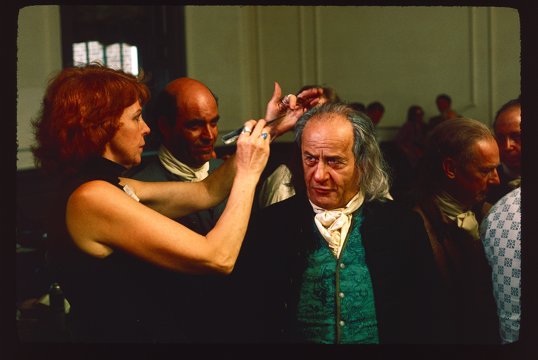 Independence Hall. Interior. 1st floor, Assembly Room. Making of "Independence" John Huston Visitor Center Film. Actor Eli Wallach (who portrayed Benjamin Franklin) getting his hair done on set.