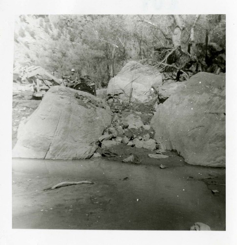 BW photo of the construction/modification of the Canyon Junction Spillway on the Virgin River.