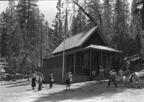 Wawona schoolhouse with children in yard. Photo taken for justification for appropriation.