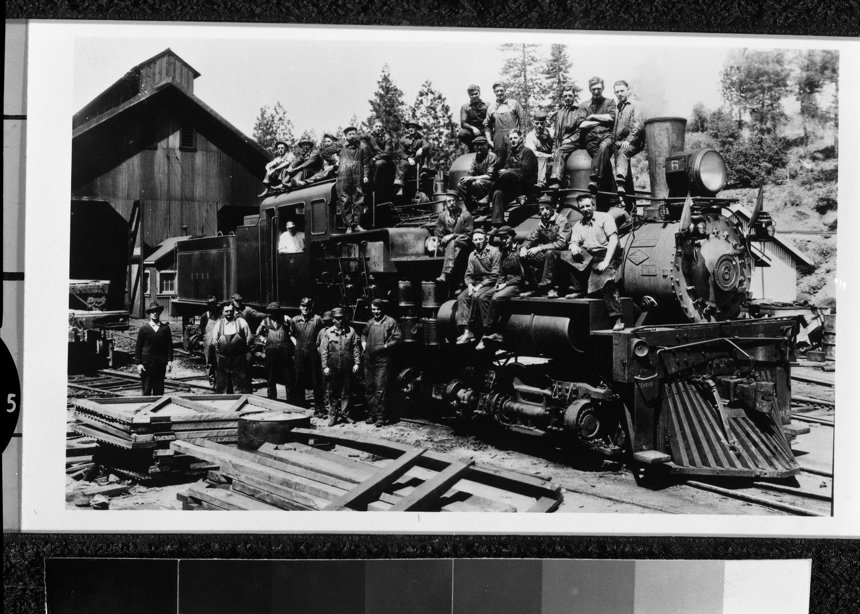 Hetch Hetchy shay. Copy of postcard from the Research Library's collection. [Individuals identified on p. 133 of "Hetch Hetchy and its Dam Railroad" by Ted Wurm.