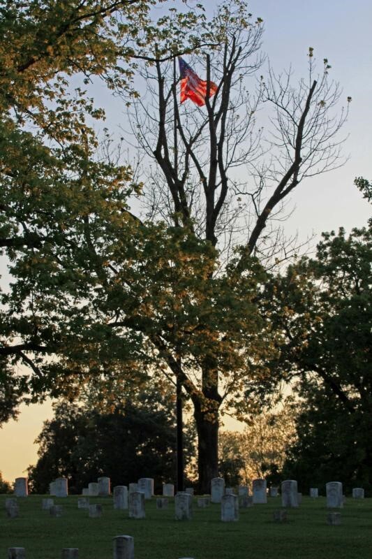 Photograph of American flag over Shiloh National Cemetery