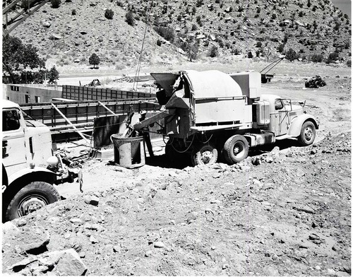 Ready mix truck delivering cement mix at Mission 66 Visitor Center and Museum construction.