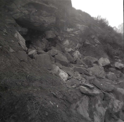 BW photo of rock slide near Echo Rock - 2.5" x 2.5".