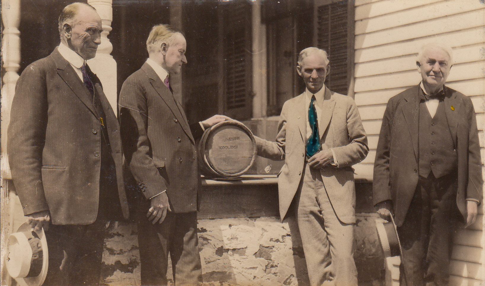John Calvin Coolidge, his son, president Calvin Coolidge, Henry Ford, and Thomas Edison visiting Coolidge Farm.