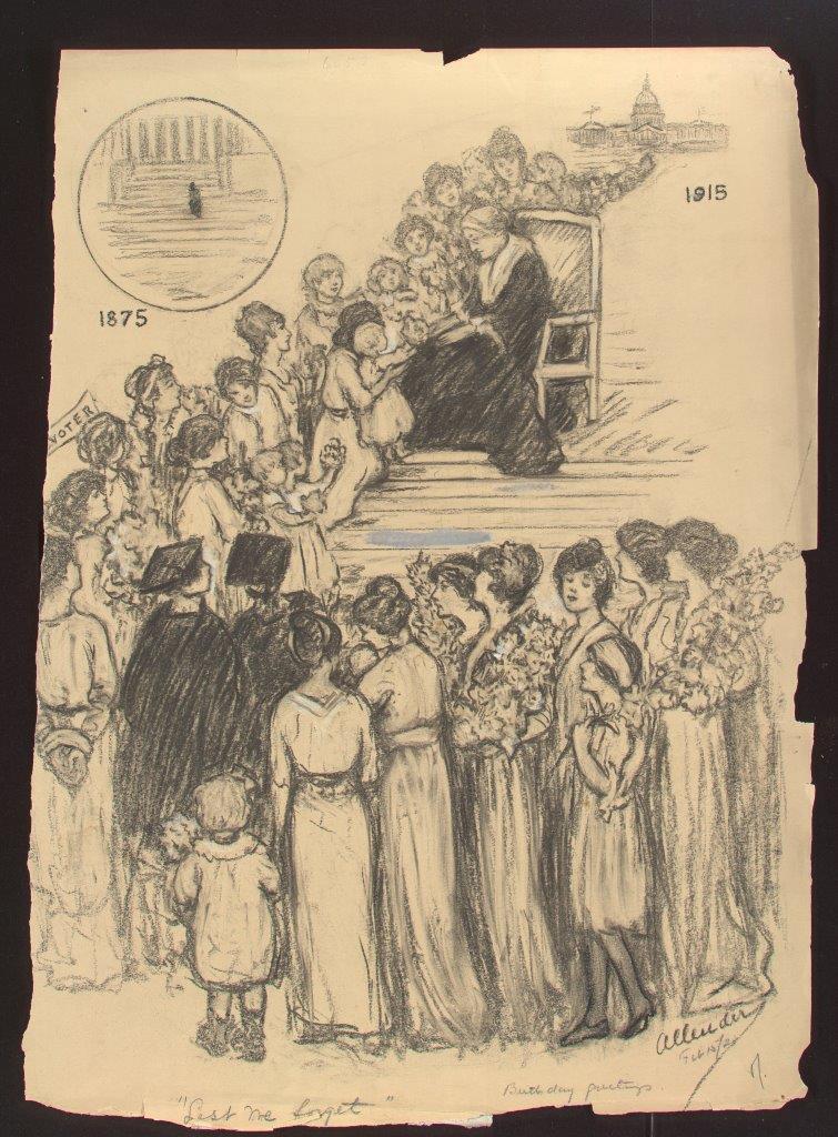 Illustration of women and girls presenting flowers to a seated Susan B. Anthony on the way to the US Capitol Building