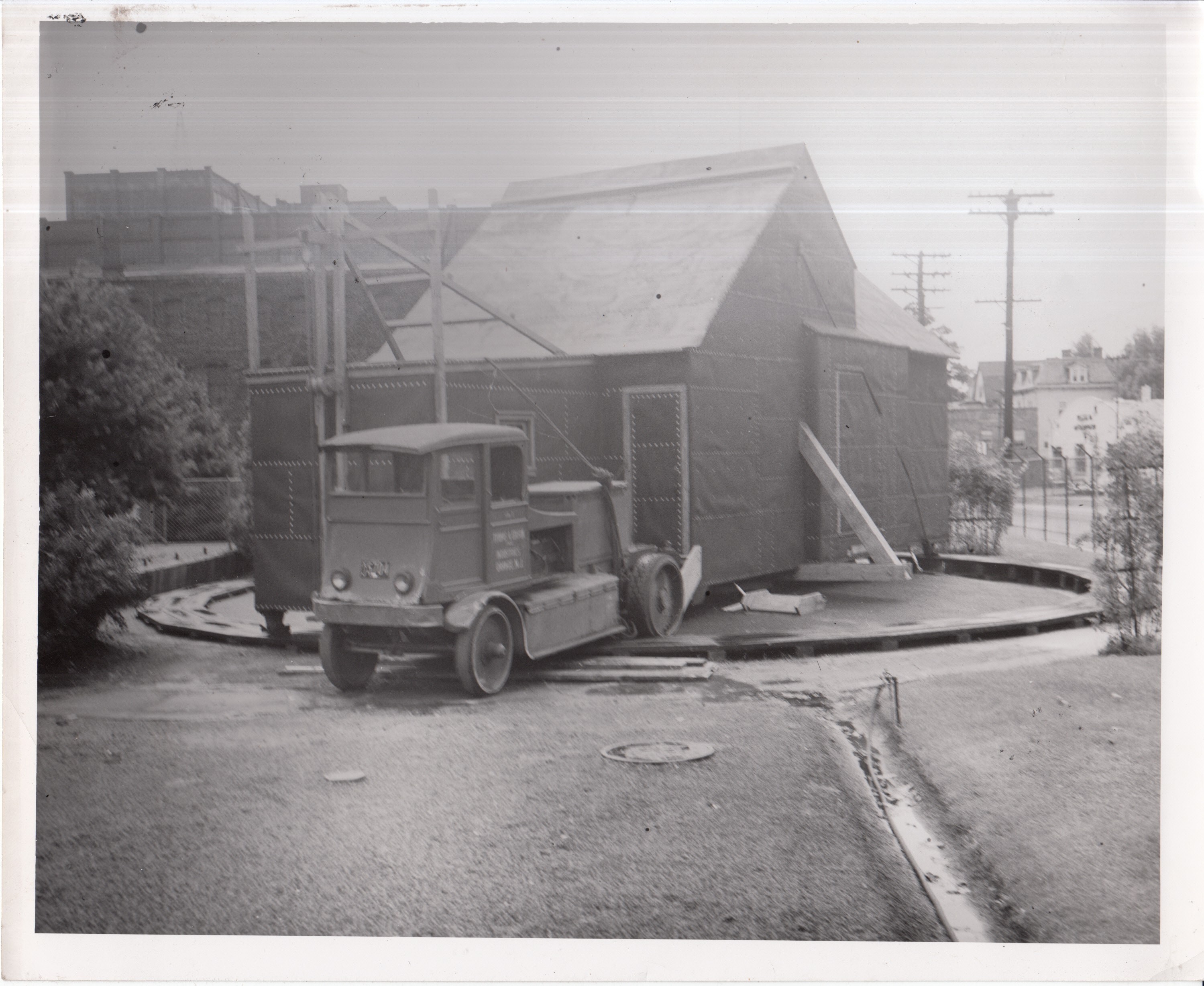 Replica of Black Maria being moved into position for dedication ceremonies.