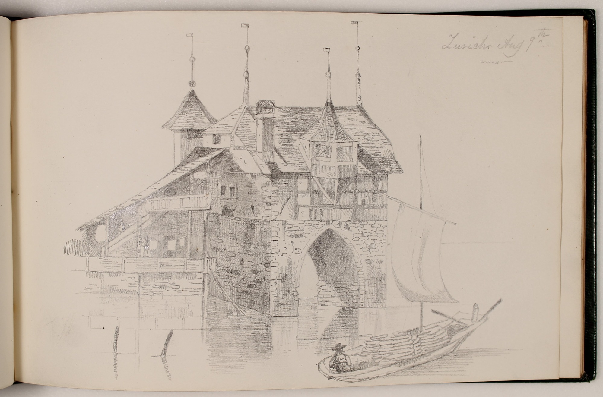 Pencil drawing in sketchbook of building constructed over water with arched foundation, small boat with sail in foreground.