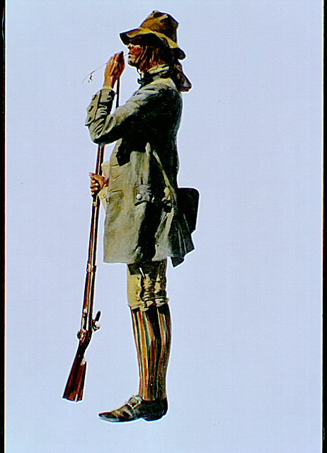 American soldier: member of General Daniel Morgan's Army from the 4th Battalion Lancaster County Militia. 
Circa 1777.