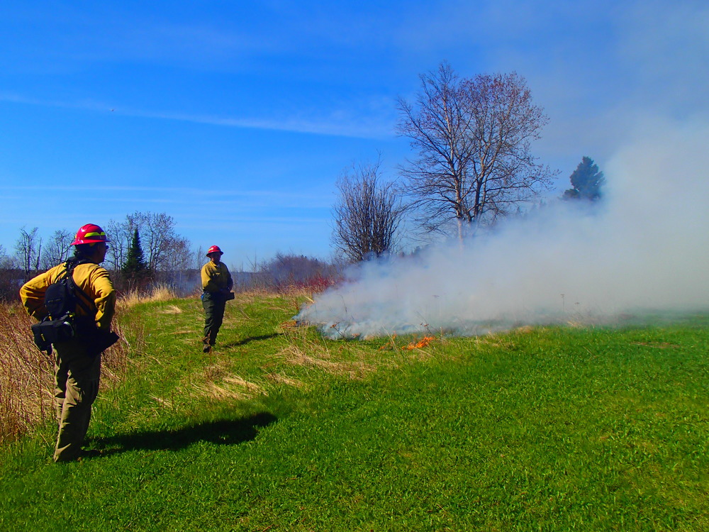 Firefighters wearing fire retardant clothing and helmets watch the burn.