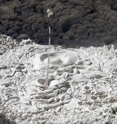 One blob of mud pops up above mudpot.