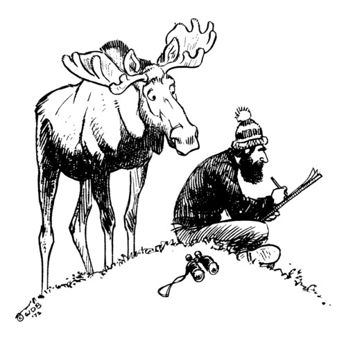 Cartoon of a bull moose watching over the shoulder of an artist at work