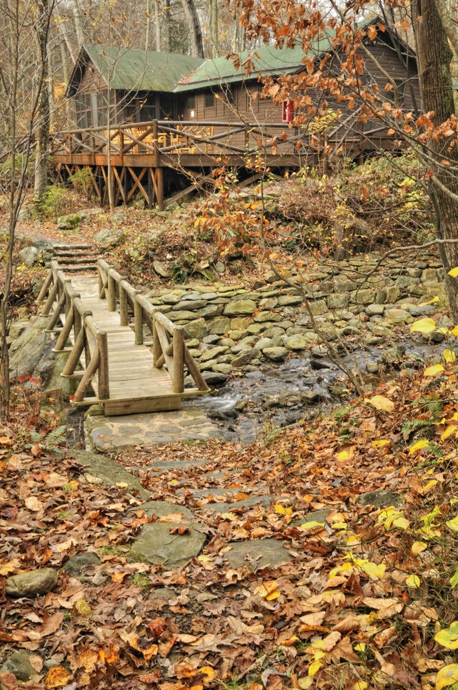 Fall scene; bridge to cabin
