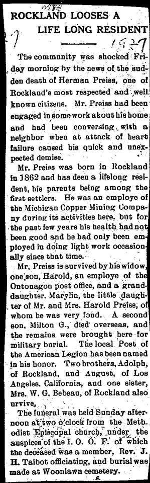 Herman Preiss' 1927 obituary