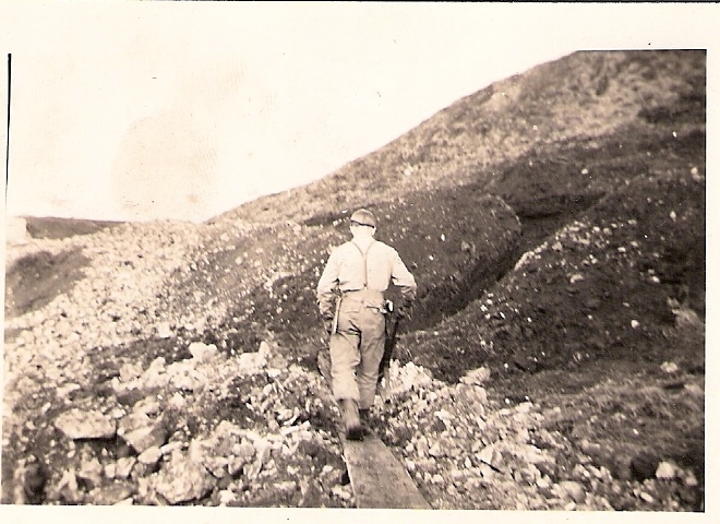 Soldier going into the mountains, Dutch Harbor