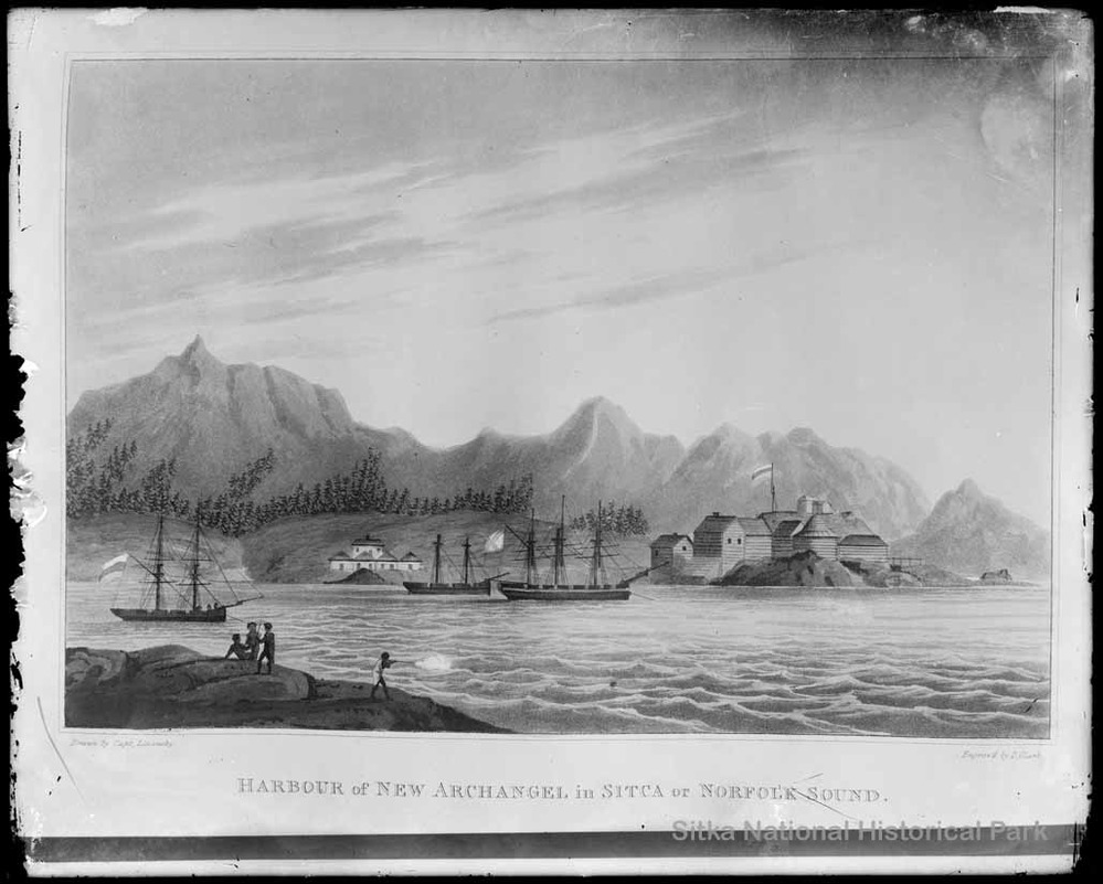 Photo of an engraving by Captain Lisianski of Sitka Harbor "Harbour of New Archangel in Sitca or Norfolk Sound" circa 1900