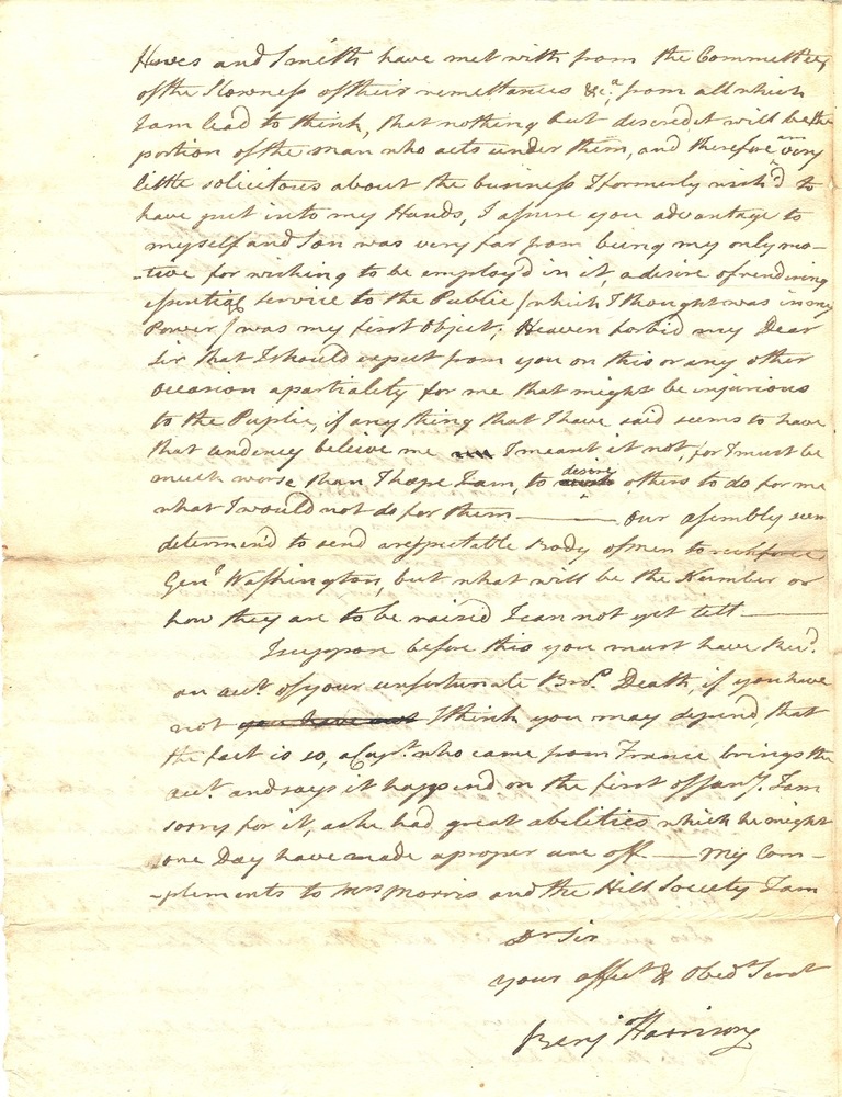 Benjamin Harrison to Robert Morris at Manheim Pennsylvania