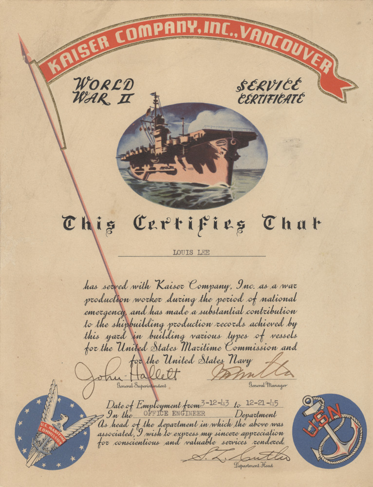 Certificate stating that Louis Lee served with the Kaiser Company from 1943 to 1945